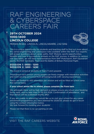 Engineering and Cyber Space Careers Fair at Lincoln College on 29 Oct 24 from 1000- 1400 hrs